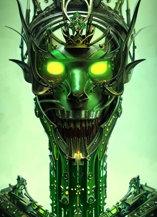 Image similar to portrait shot of the king of the bionic skeletons with a crown of blades, glowing green, intricate, elegant, highly detailed, centered, digital painting, artstation, concept art, smooth, sharp focus, warframe, illustration, anders zorn, tomasz alen kopera, peter mohrbacher, donato giancola, leyendecker, boris vallejo