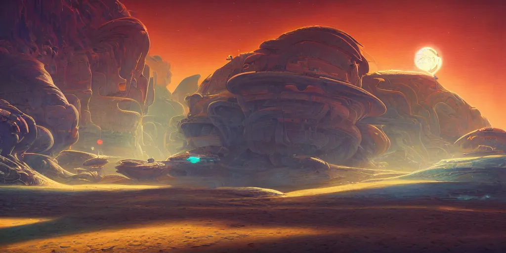 Image similar to the sands of time, a highly detailed cinematic oil painting by roger dean and alena aenami, crashed spaceship!!, dynamic lighting