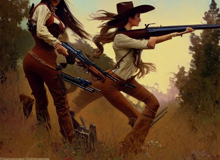 Prompt: a beautiful, dynamic illustration of an anthropomorphic fox woman bounty hunter running and gunning with a winchester rifle, wild west theme, motion blur, action illustration by stanley artgerm, greg rutkowski, alphonse mucha, norman rockwell, 8 k,