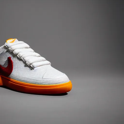 Prompt: a studio photoshoot of Nike low top tennis sneakers designed by Tom Sachs, cream leather with knitted mesh material, gum rubber outsole, realistic, color film photography by Tlyer Mitchell, 35 mm, graflex