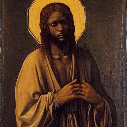 Prompt: painting of a black man as jesus by leonardo davinci