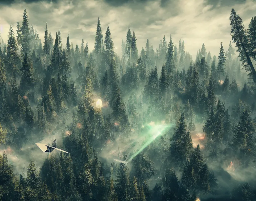 Image similar to flying geometric bringing triangle in center, forest, beautiful graphics, fantasy artwork, very beautiful scenery, hd, hdr, ue 5, ue 6, unreal engine 5, cinematic 4 k wallpaper, 8 k, ultra detailed, by popular digital, details, beautiful image ever created, high resolution, artstation, award winning