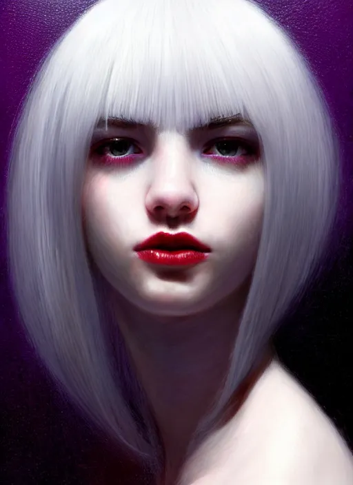 Image similar to hair whitebangs hair, black hair, whitebangs, portrait of teenage girl with white bangs, red irises, purple clothes, white bangs, bangs are different color from hair, intricate, elegant, glowing lights, highly detailed, digital painting, artstation, concept art, smooth, sharp focus, illustration, art by wlop, mars ravelo and greg rutkowski