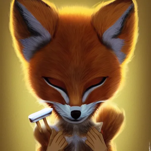 Image similar to masked godly cub fox smoking, wooden pipe, kumadori makeup, anime style, symmetrical facial features, avatar for website, animal original form, hyper realistic, orange fur, rule of thirds, extreme detail, 4 k, detailed drawing, trending artstation, realistic lighting, by alphonse mucha, greg rutkowski, sharp focus, backlit