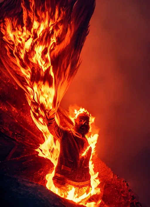 Prompt: Fire man with fire hair and fire beard, volcano, flames, ice, light atmosphere, cinematic shot, intricate, ornate, photorealistic, ultra detailed, realistic, 100mm, photography, octane, high definition, depth of field, bokeh, 8k, artstation