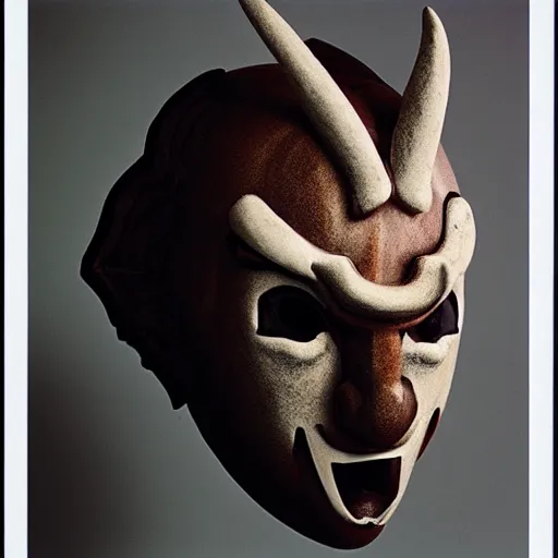 Prompt: Japanese demon mask designed by Rick Owens, 35mm film, photograph