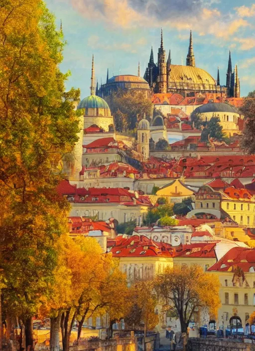 Image similar to painting of beautiful shot of Royal medieval European city like Prague mixed with Istanbul like Islamic architecture with greenery all around , autumn colors