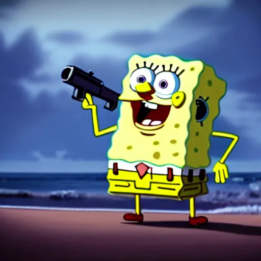 Image similar to high detail full body shot of spongebob squarepants shooting a machine gun with muzzle flash, cinematic framing, cinematic light, hard shadows,