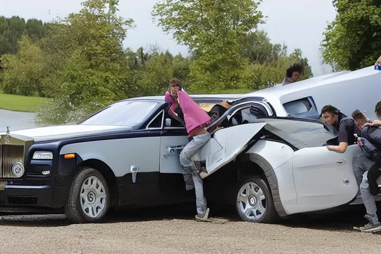 Image similar to Group of teenagers push Rolls-Royce into lake from small slide