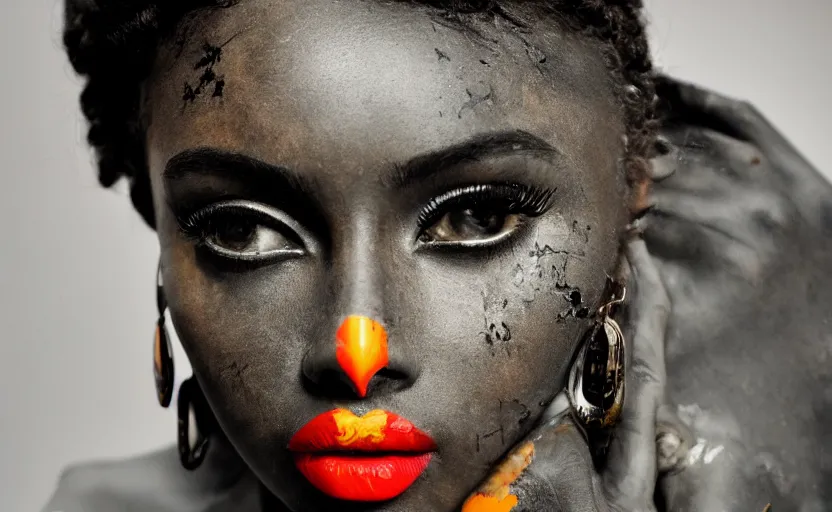 Image similar to close up portrait of extremely beautiful female black marble statue in the style of virgil abloh, colorful motocross logos behind her, sharp focus, clear, detailed,, cinematic, detailed, off white, glamourous, symmetrical, vogue, editorial, fashion, magazine shoot, glossy