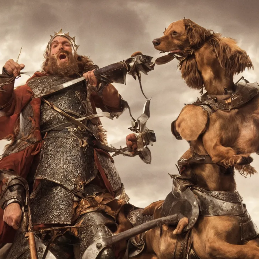 Prompt: dramatic shallow depth of field historically inaccurate comedy film of a dachshund biting rainn wilson as king alfred in a medieval comedy titled'the hijinx of king alfred ', directed by john landis, colorful lighting high contrast, hyperrealistic shocking detail trending on artstation 8 k