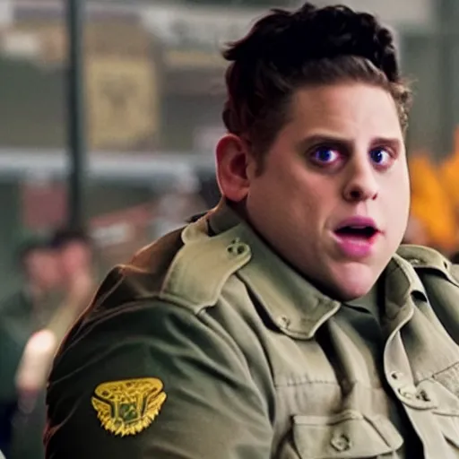 Image similar to movie still of Jonah Hill starring as Guile in the 2026 live action street fighter movie