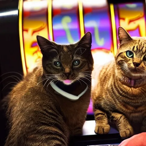 Prompt: cats sitting at the slot machines in a casino gambling and smoking cigarettes