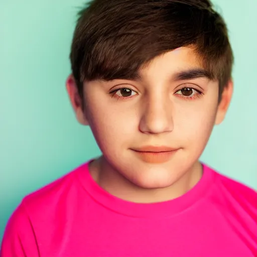 Prompt: closeup portrait of 8 year old boy, thick lips, hot pink skin, thin eyebrows, short light brown hair, facebook post, black background