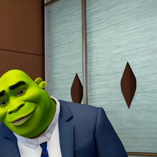 Prompt: photorealistic shrek uncomfortable at a job interview, wearing a business suit. octane render. high resolution.