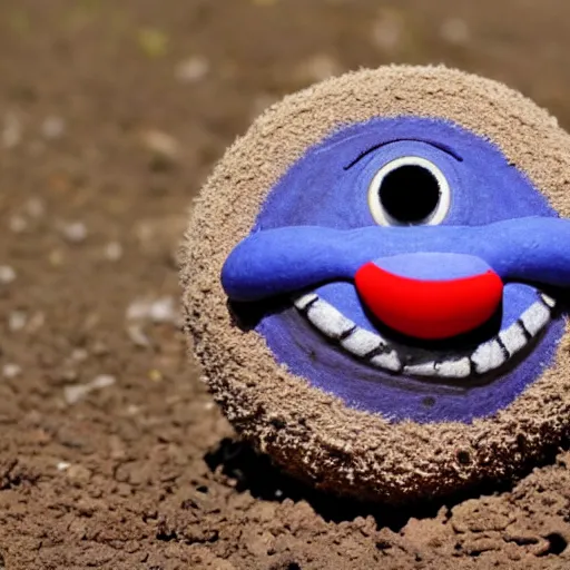 Image similar to photo of a small round creature made of dirt with round blue eyes and a round clown nose and a cute smile