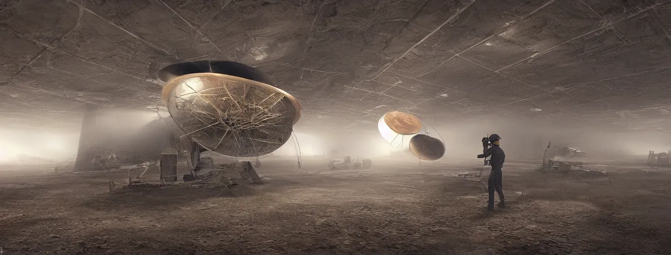 Image similar to engineer repairs secret flying saucer full of unknown military equipment in the hall of area 55, high detail, ground fog, wet reflective ground, saturated colors, by Feng Zhu, render Unreal Engine-H 704