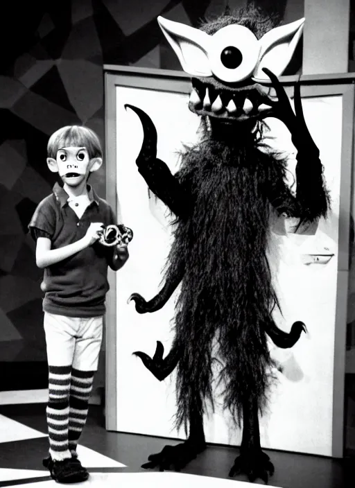 Prompt: creepy realistic scary gangly goblin monster invades the set of a 9 0's childrens tv gameshow, grainy black and white surveillance