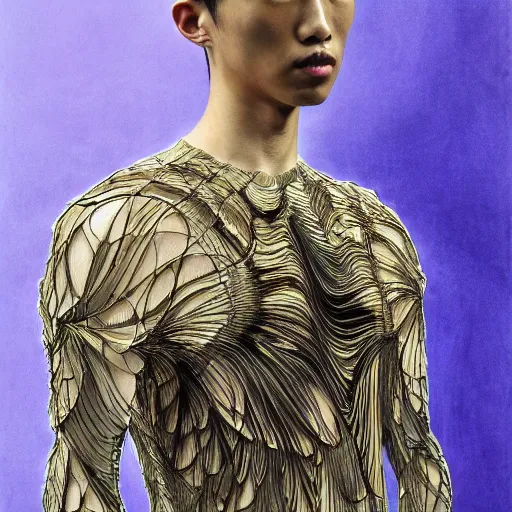 Image similar to a beautiful young japanese male wearing iris van herpen, painted by michelangelo