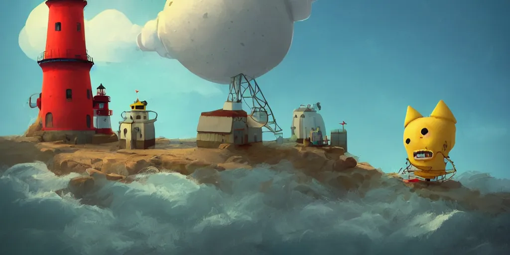 Image similar to cute cartoon monster building a lighthouse by Goro Fujita and Simon Stalenhag , 8k, trending on artstation, hyper detailed, cinematic