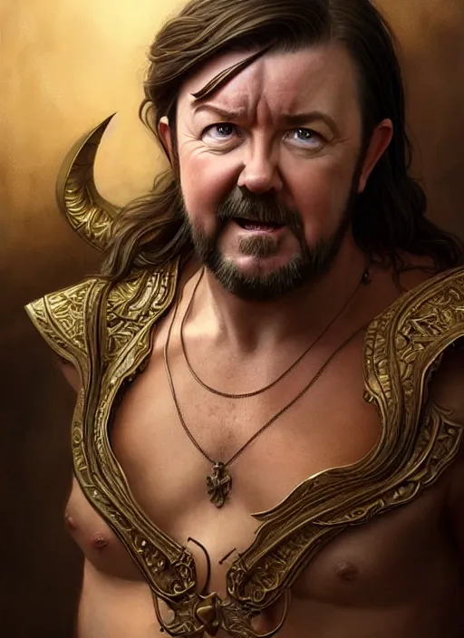 Image similar to portrait of ricky gervais as a minotaur, d & d, muscular! fantasy, intricate, elegant, highly detailed, digital painting, artstation, concept art, smooth, sharp focus, illustration, art by artgerm and greg rutkowski and alphonse mucha