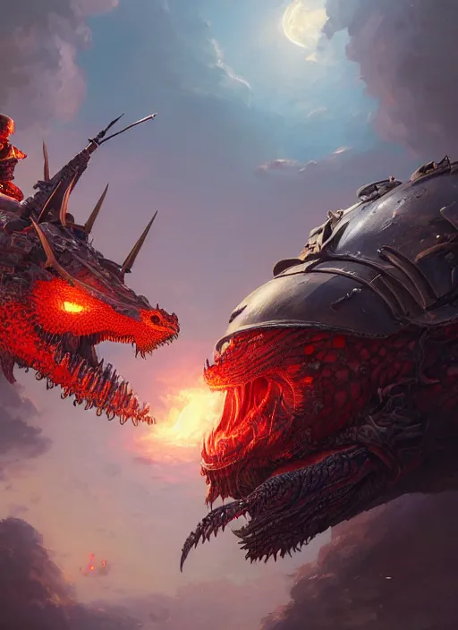 Image similar to highly detailed portrait of a knight tank fighting a red dragon, raytracing, fantasy art by by simon bisley, loish, rhads, ferdinand knab, makoto shinkai and lois van baarle, ilya kuvshinov, rossdraws, tom bagshaw, global illumination, radiant light, detailed and intricate environment