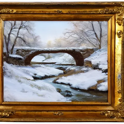 Prompt: Stone bridge over brook, pastoral scene. Winter, fresh snow. Oil on canvas, award winning