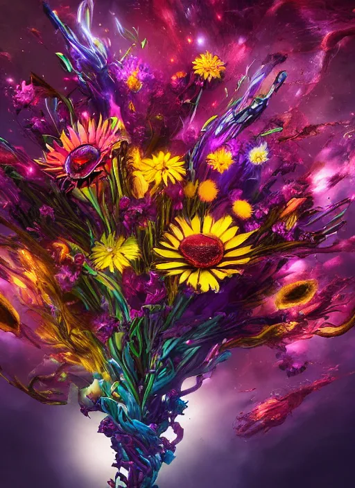 Image similar to An epic fantastic realism comic book style painting of the most beautiful spiraling entwined flowers launched explosively across the dark spinning galaxy, floating bouquets, fisheye lens, unreal 5, DAZ, hyperrealistic, octane render, dynamic lighting