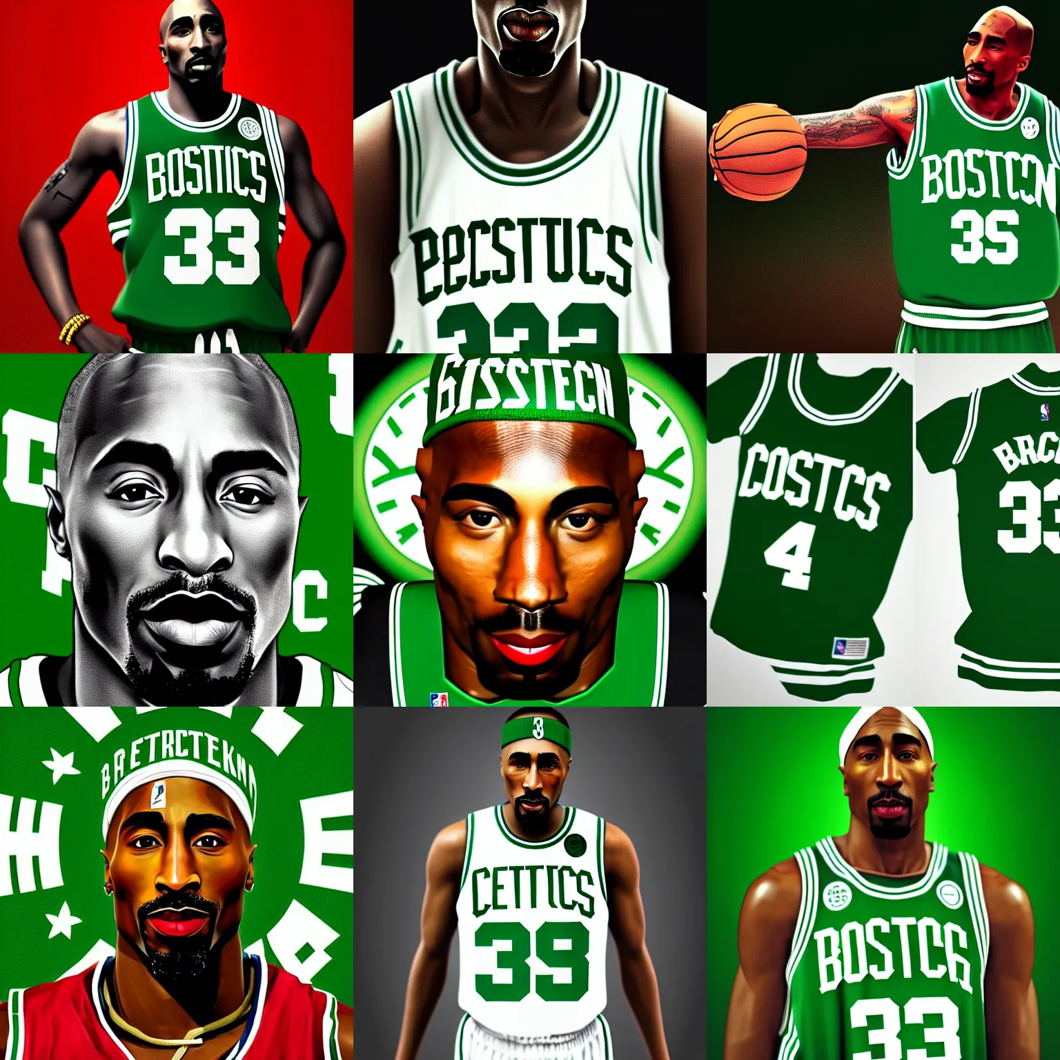 Image similar to portrait of tupac shakur, boston celtics jersey number 3 4, green, white, cartoon digital art, oil on canvas, trending on artstation, octane render