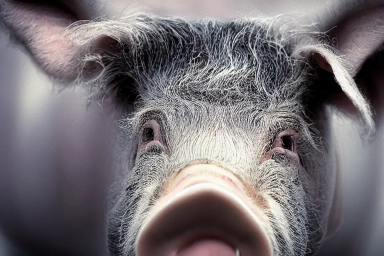 Prompt: movie scene closeup pig wearing a suit at a pidium. by emmanuel lubezki