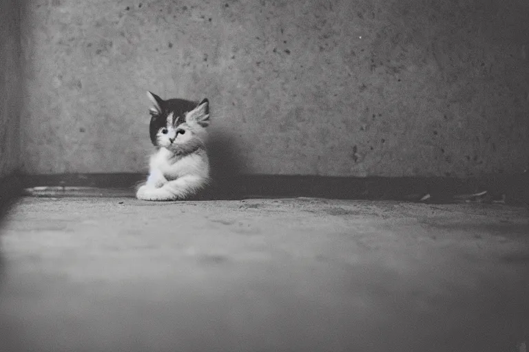 Image similar to a sad kitten in the corner of a dark basement