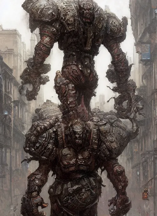 Image similar to full body portrait of martyn ford as huge towering bipedal horror beast with bulbous torso flaming hair wearing armour walks down city street, people flee, painted by ruan jia, raymond swanland, lawrence alma tadema, zdzislaw beksinski, norman rockwell, jack kirby, tom lovell, alex malveda, greg staples