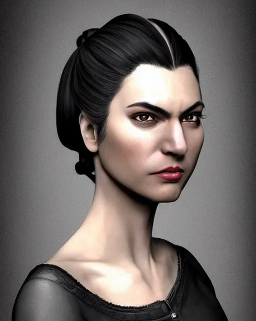 Image similar to portrait of a tall 4 0 - year - old woman with thin lips, long, lush black hair gathered on the head bun, and thick eyebrows, haughty facial expression, wearing in black clothes, aristocratic appearance, hyper realistic face, beautiful eyes, character art, art by mark brooks, hyperdetailed, cryengine, trending on artstation, digital art