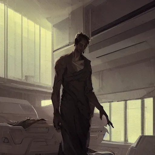 Image similar to concept art by greg rutkowski, very tall and slender young man waking up in a hospital bed, futuristic and high - tech setting but desolate and dimly lit, scifi, highly detailed portrait, digital painting, artstation, concept art, smooth, sharp foccus ilustration, artstation hq