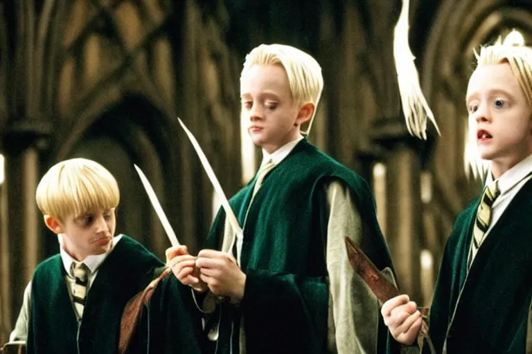 Image similar to film still Macaulay Culkin as Draco Malfoy wearing hogwarts uniform in Harry Potter movie