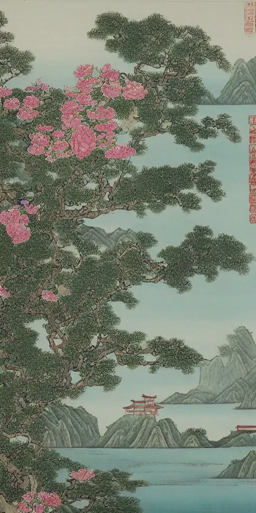 Image similar to summer manor with peony flowers and lake, chinese landscape painting