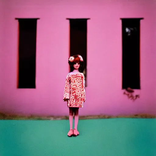 Prompt: giant flower head, full body, girl standing by 1 9 6 0 house, surreal photography, symmetry, mid century, flat light, bright colours, blue sky, realistic, wes anderson