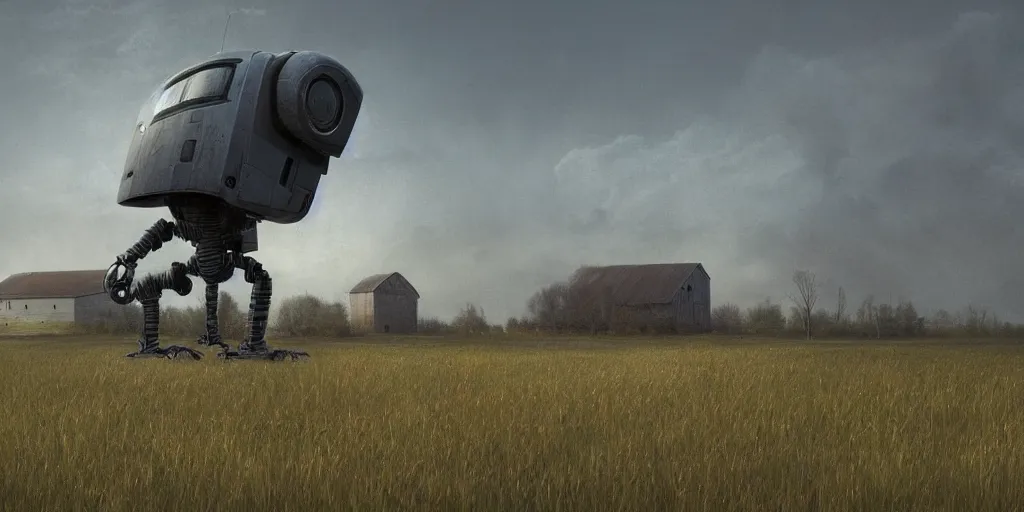 Image similar to a single colossal robot statue sad and alone in an empty field in the countryside with a barn, bright sunny day by donato gioncola and michal karcz and simon stalenhag sharp digital painting. dreaming latent space. matte painting, concept art. artstation. digital render.