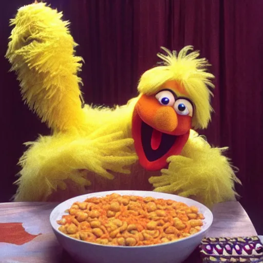 Prompt: Big Bird from Sesame Street eating a bowl of SpaghettiOs