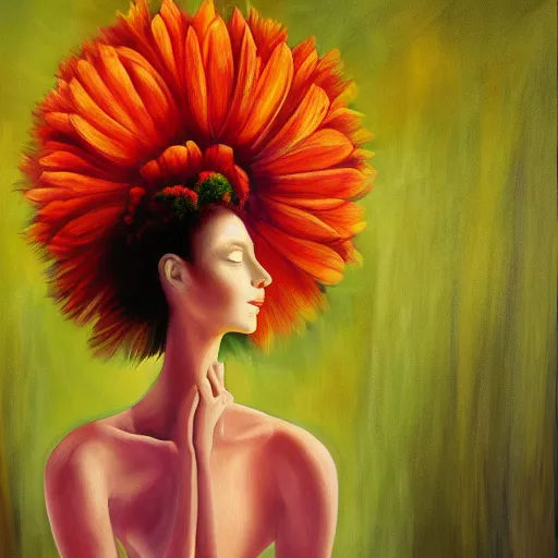 Image similar to giant flower head, woman standing in a luxury apartment, surreal, dramatic light, impressionist painting, digital painting, artstation, georgia o'keeffe