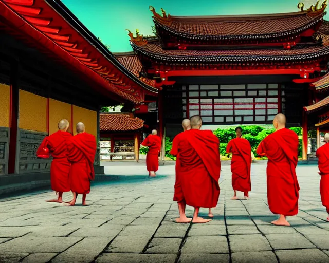 Image similar to a hyperrealistic scenery of 6 monks meditating in front of pagoda temple, digital art, extreme wide shot