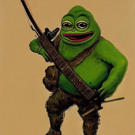Prompt: a painting of Pepe the frog of 4chan holding a rifle made by Rembrandt van Rijn