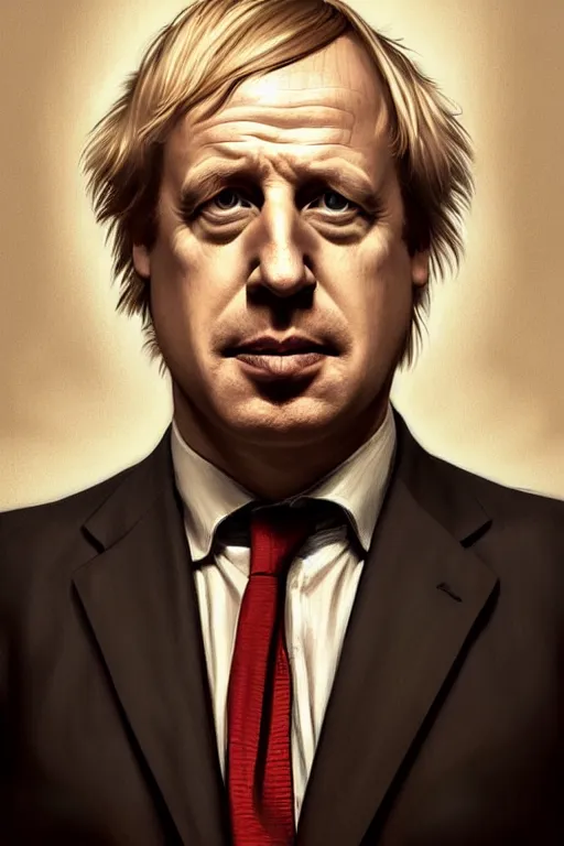 Image similar to Boris Johnson as Saul Goodman, Better Call Saul ad, realistic portrait, symmetrical, highly detailed, digital painting, artstation, concept art, smooth, sharp focus, illustration, cinematic lighting, art by artgerm and greg rutkowski and alphonse mucha