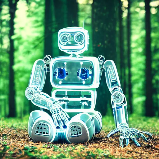 Image similar to translucent robot sitting by a fire in the woods at night, whimsical, award winning photograph, sigma 8 5 mm f / 8, hyper - realistic