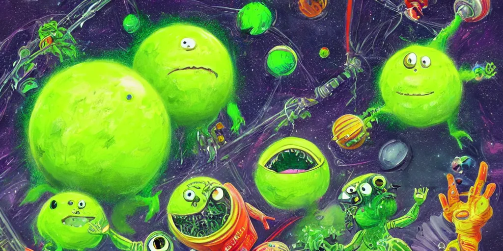 Prompt: a cinematic poster of green tennis ball monsters, in space, digital art, fantasy, magic, chalk, chalked, trending on artstation, ultra detailed, detailed, fine details, professional illustration by basil gogos