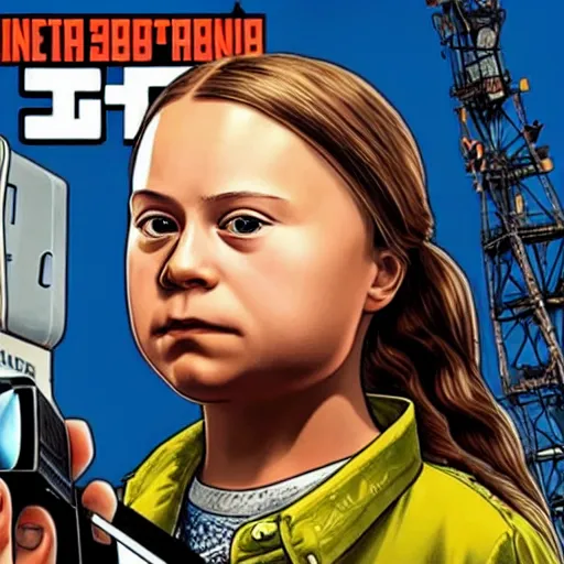 Prompt: Greta Thunberg on the cover of GTA