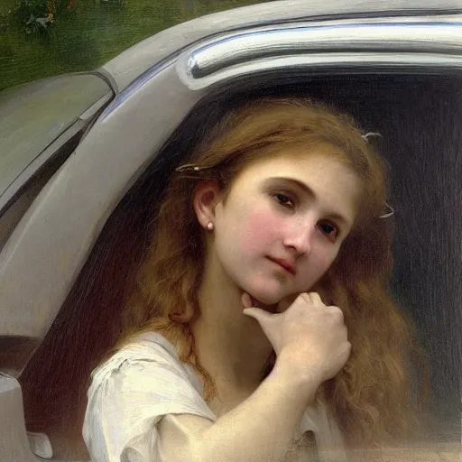 Prompt: an oil painting of an angel driving a car in a drive through, exterior view, by Bouguereau, highly realistic and intricate