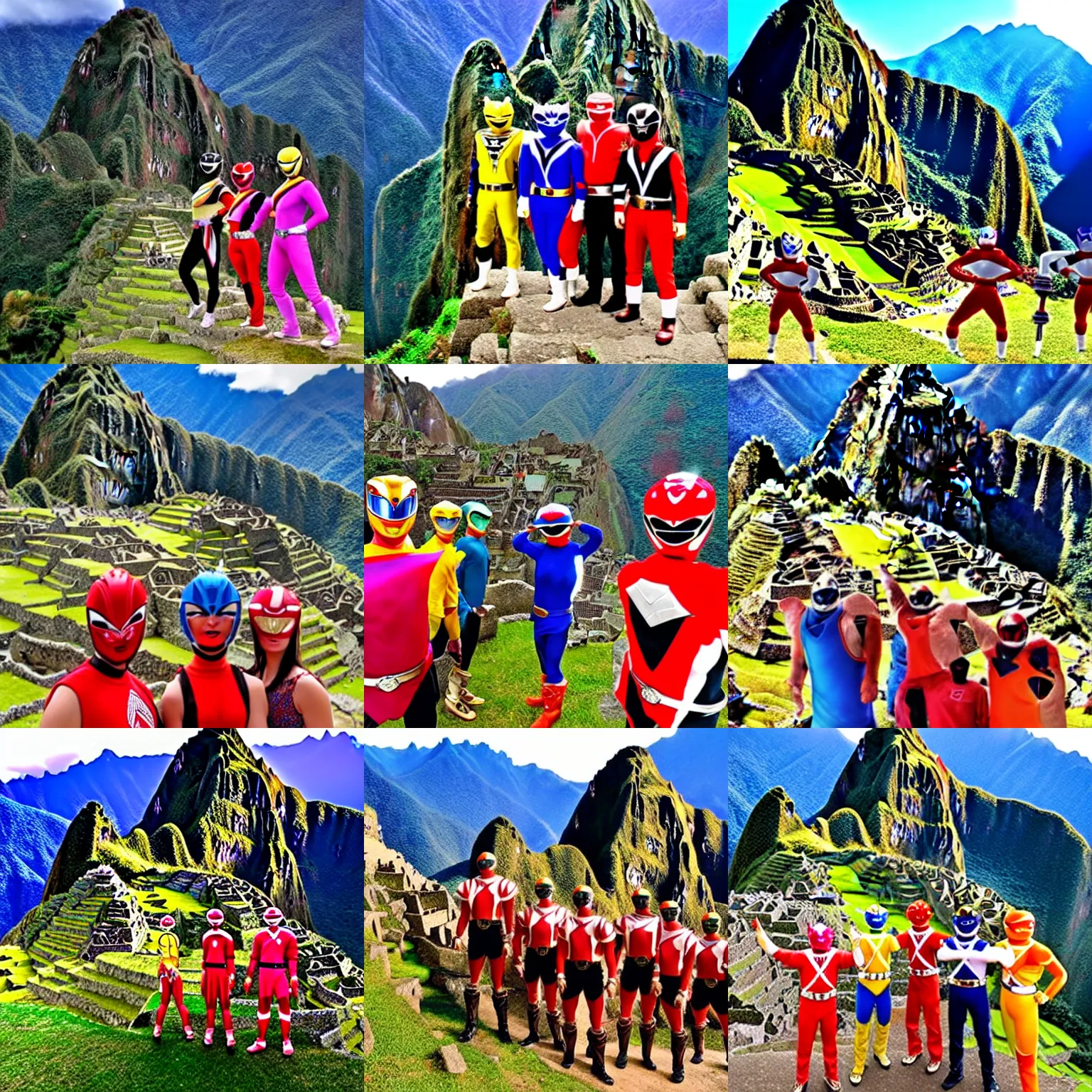 Prompt: power rangers on vacation in machu picchu