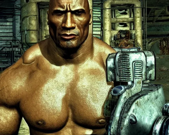 Prompt: Fallout 1 talking head of Dwayne Johnson, screenshot from Fallout (1997)