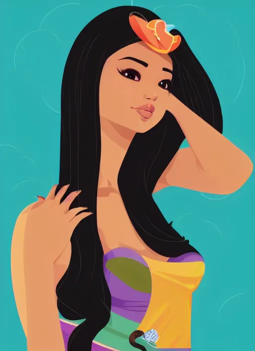 Image similar to woman, black hair, tan skin, curvy, slight resemblance to selena gomez. colorful voluminous princess dress. clean cel shaded vector art. shutterstock. behance hd by lois van baarle, artgerm, helen huang, by makoto shinkai and ilya kuvshinov, rossdraws, illustration,